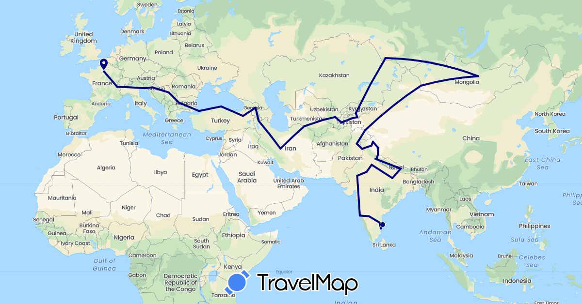 TravelMap itinerary: driving in Bulgaria, France, Georgia, Croatia, India, Iran, Italy, Kyrgyzstan, Mongolia, Nepal, Pakistan, Serbia, Russia, Tajikistan, Turkmenistan, Turkey, Uzbekistan (Asia, Europe)